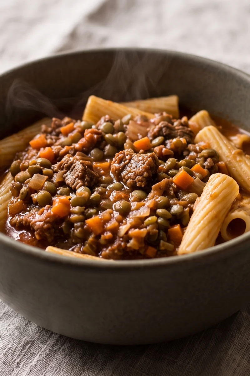 Freezer-Hero Beef & Lentil Ragu with Rigatoni - A double-batch beef and lentil ragu engineered for the freezer
