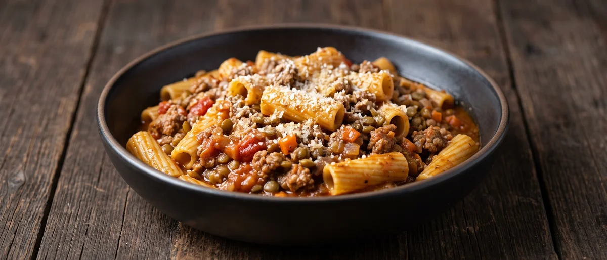 Freezer-Hero Beef & Lentil Ragu with Rigatoni - A double-batch beef and lentil ragu engineered for the freezer