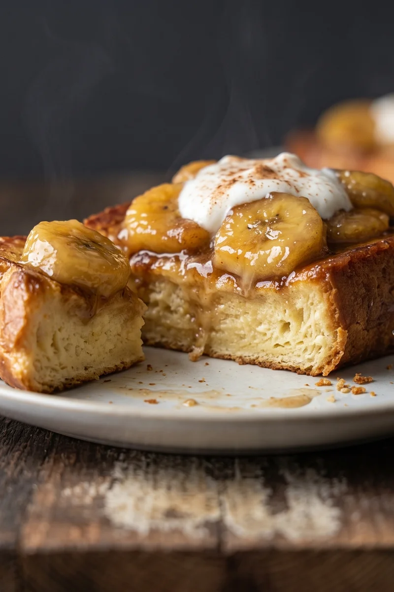French Toast with Caramelized Bananas - Custardy French toast under sticky caramelized bananas and yogurt