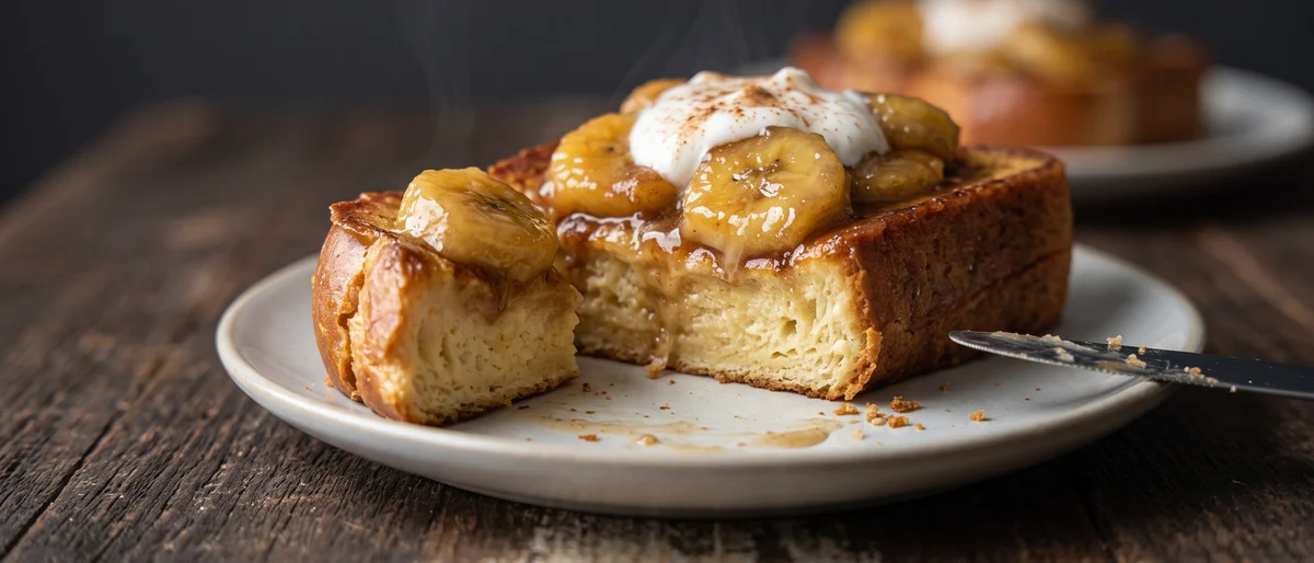 French Toast with Caramelized Bananas - Custardy French toast under sticky caramelized bananas and yogurt