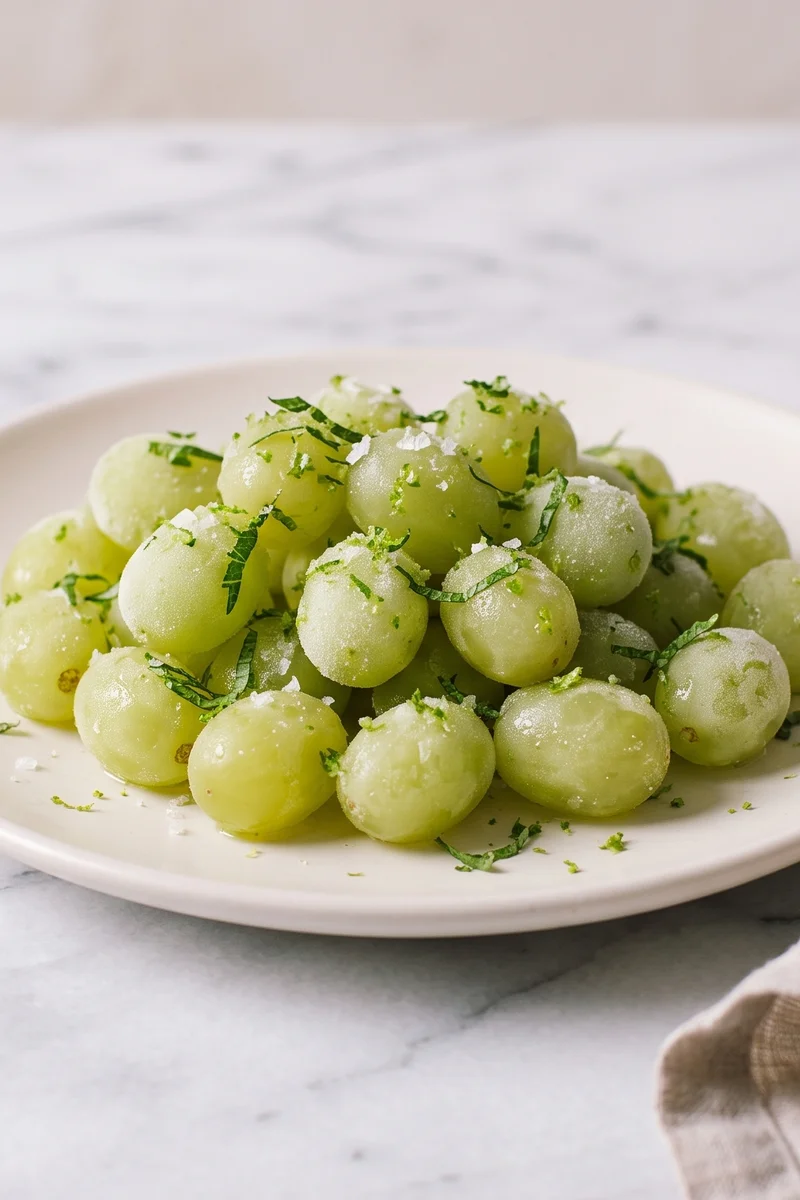 Frozen Grapes with Lime & Mint - Grapes frozen into tiny sorbet bombs with lime zest and mint