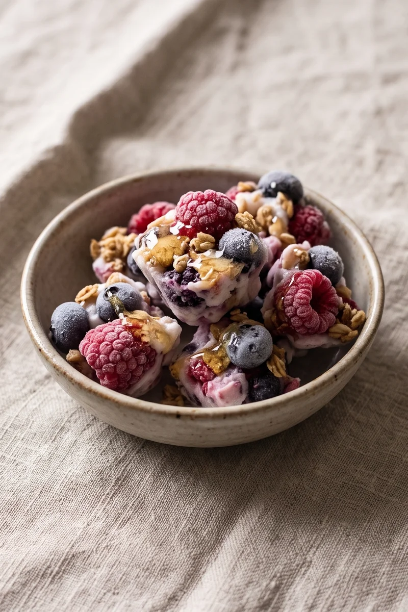 Frozen Yogurt Berry Clusters - Berries bound in vanilla Greek yogurt and frozen into bite-size clusters