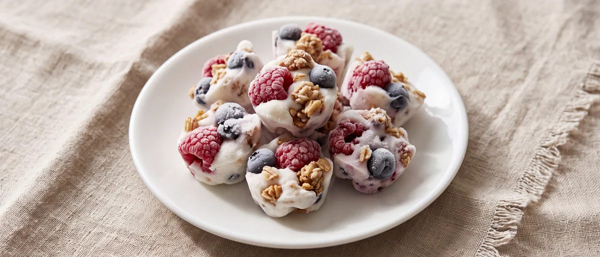 Frozen Yogurt Berry Clusters - Berries bound in vanilla Greek yogurt and frozen into bite-size clusters