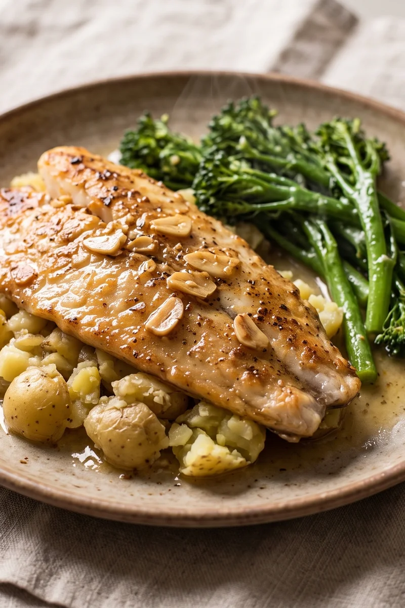 Garlic Butter Cod with Crushed Potatoes & Greens - Pan-fried cod basted in lemony garlic butter over crushed potatoes and buttered greens