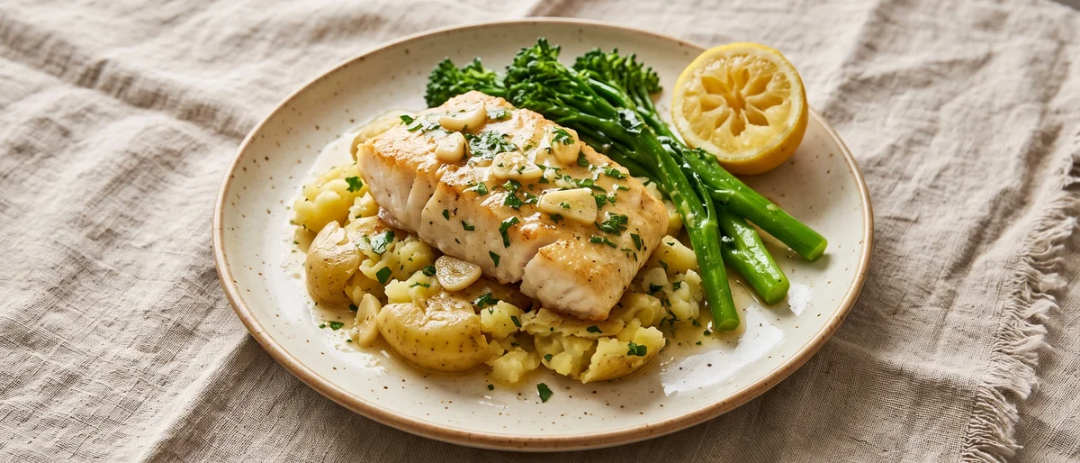 Garlic Butter Cod with Crushed Potatoes & Greens - Pan-fried cod basted in lemony garlic butter over crushed potatoes and buttered greens