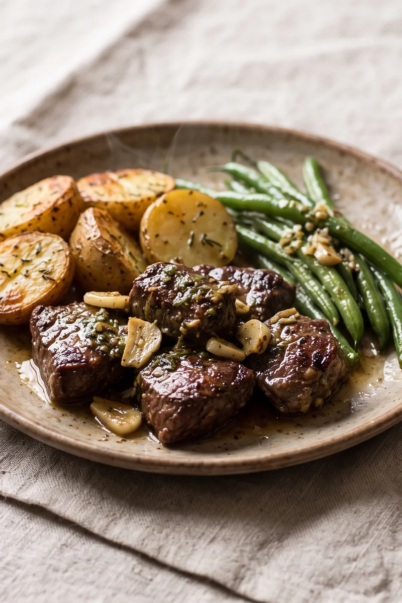 Garlic Butter Steak Bites with Potatoes & Green Beans - Seared steak bites rolled in garlic-herb butter with crispy potatoes and beans