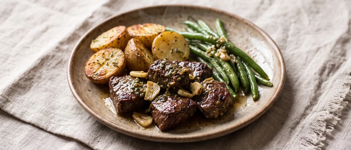 Garlic Butter Steak Bites with Potatoes & Green Beans - Seared steak bites rolled in garlic-herb butter with crispy potatoes and beans