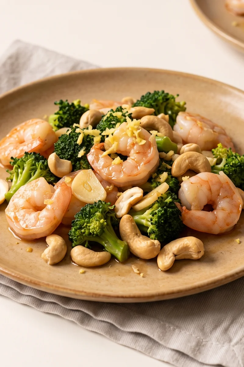 Garlic Shrimp & Broccoli Stir-Fry with Cashews - Shrimp bring zinc and selenium