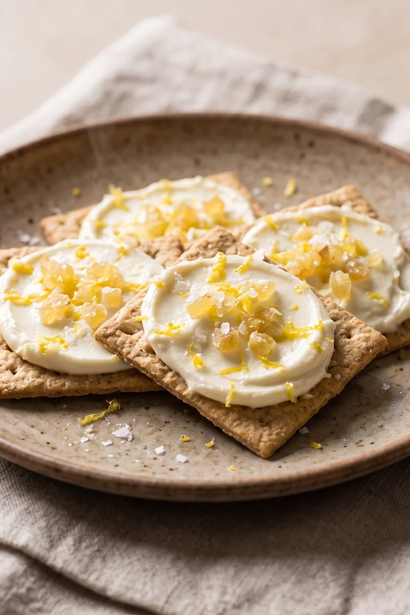 Ginger & Lemon Crackers with Cream Cheese - Plain crackers with lemony cream cheese and crystallized ginger
