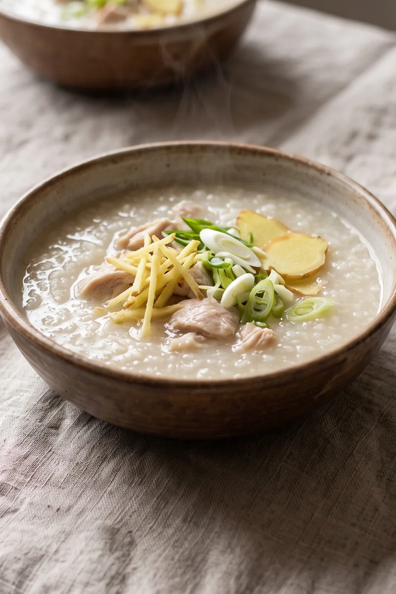 Ginger & Scallion Chicken Congee - Silky rice congee with poached chicken, ginger and scallions