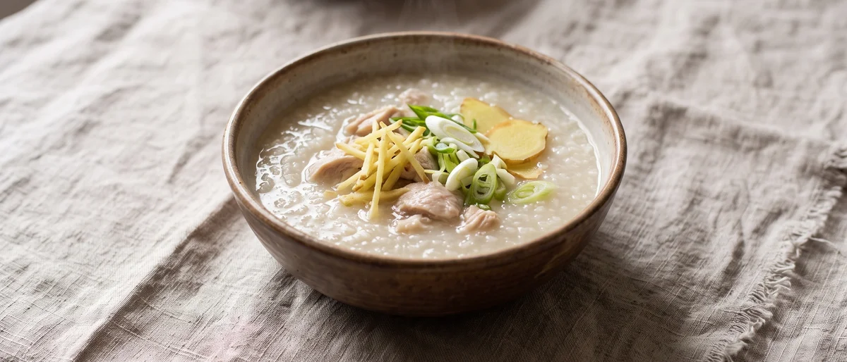 Ginger & Scallion Chicken Congee - Silky rice congee with poached chicken, ginger and scallions