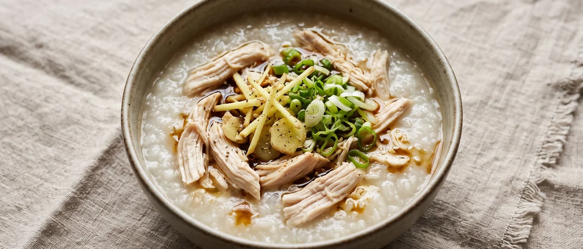 Ginger & Scallion Chicken Congee - Silky rice congee with poached chicken, ginger and scallions