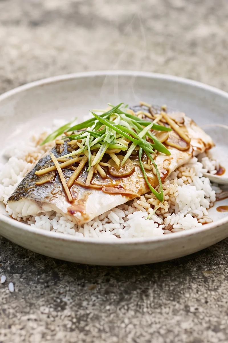 Ginger & Scallion Steamed Fish with Rice - Cantonese-style steamed white fish showered with hot ginger-scallion oil