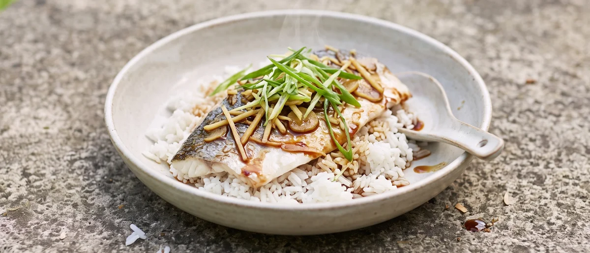 Ginger & Scallion Steamed Fish with Rice - Cantonese-style steamed white fish showered with hot ginger-scallion oil