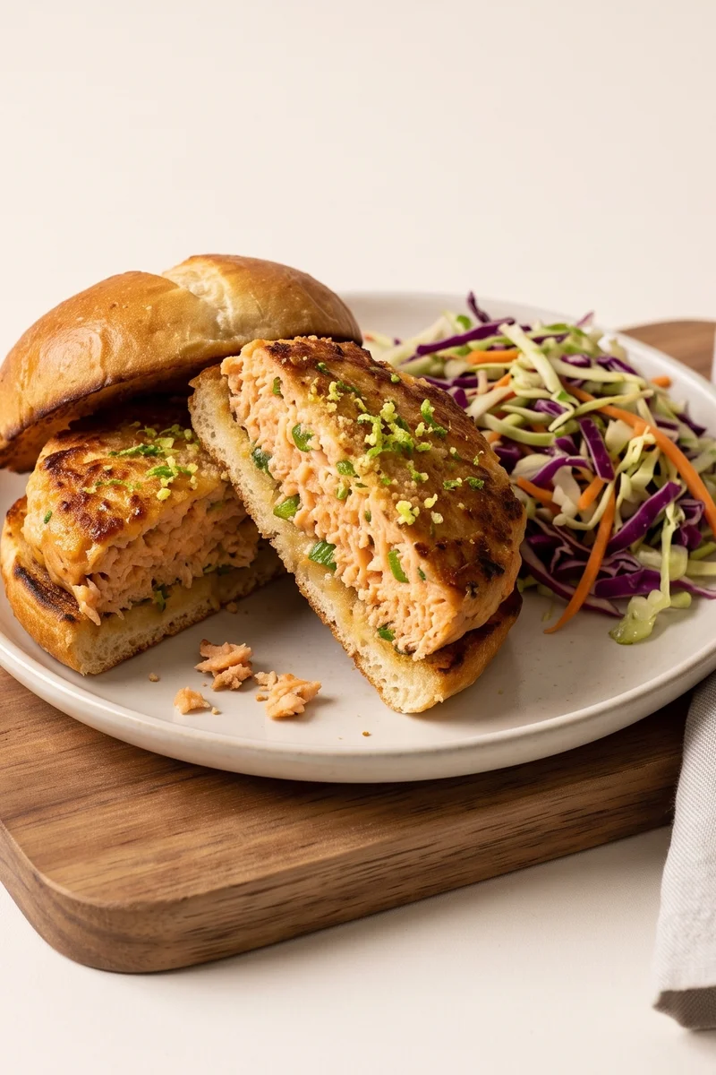 Ginger-Lime Salmon Burgers with Slaw - Hand-chopped salmon burgers bright with ginger and lime, in buns with a crunchy slaw