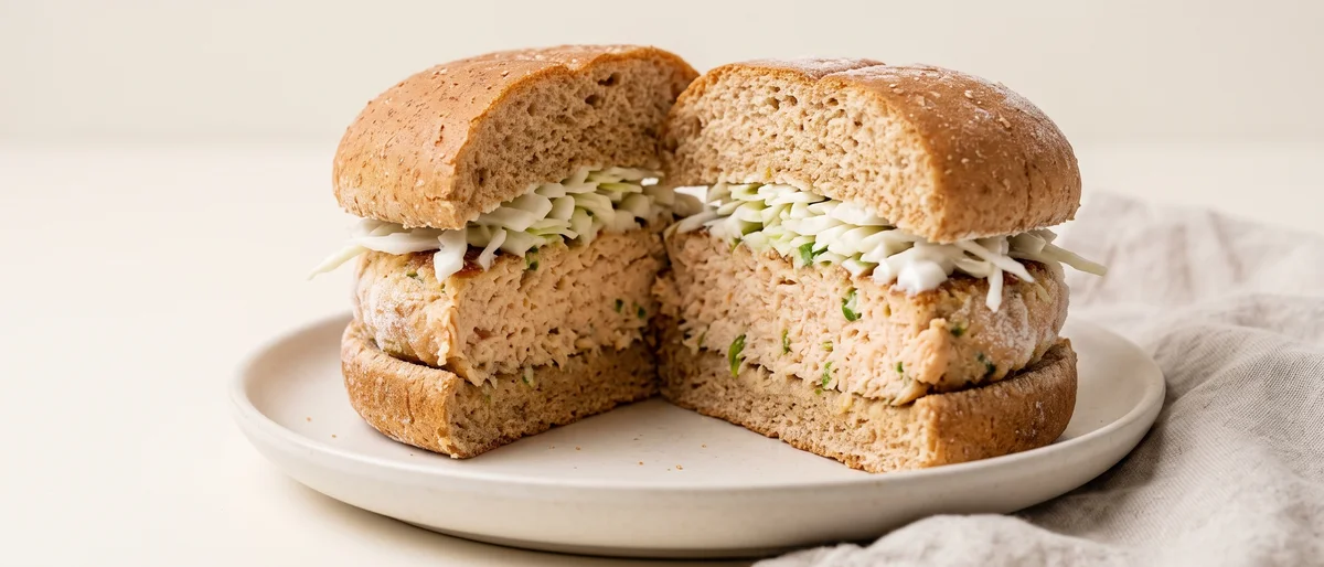 Ginger-Lime Salmon Burgers with Slaw - Hand-chopped salmon burgers bright with ginger and lime, in buns with a crunchy slaw
