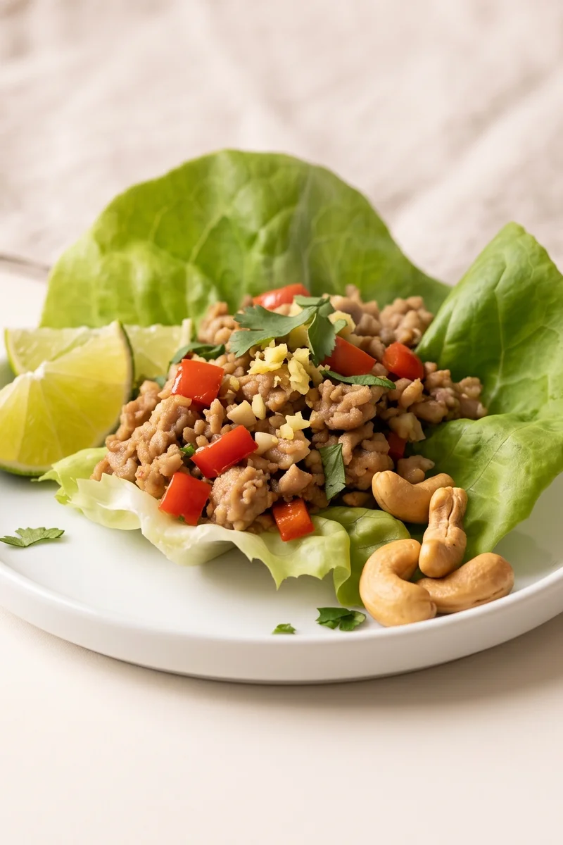 Ginger Turkey Lettuce Wraps - Savory ginger-garlic turkey in crisp lettuce cups with lime, herbs and cashews