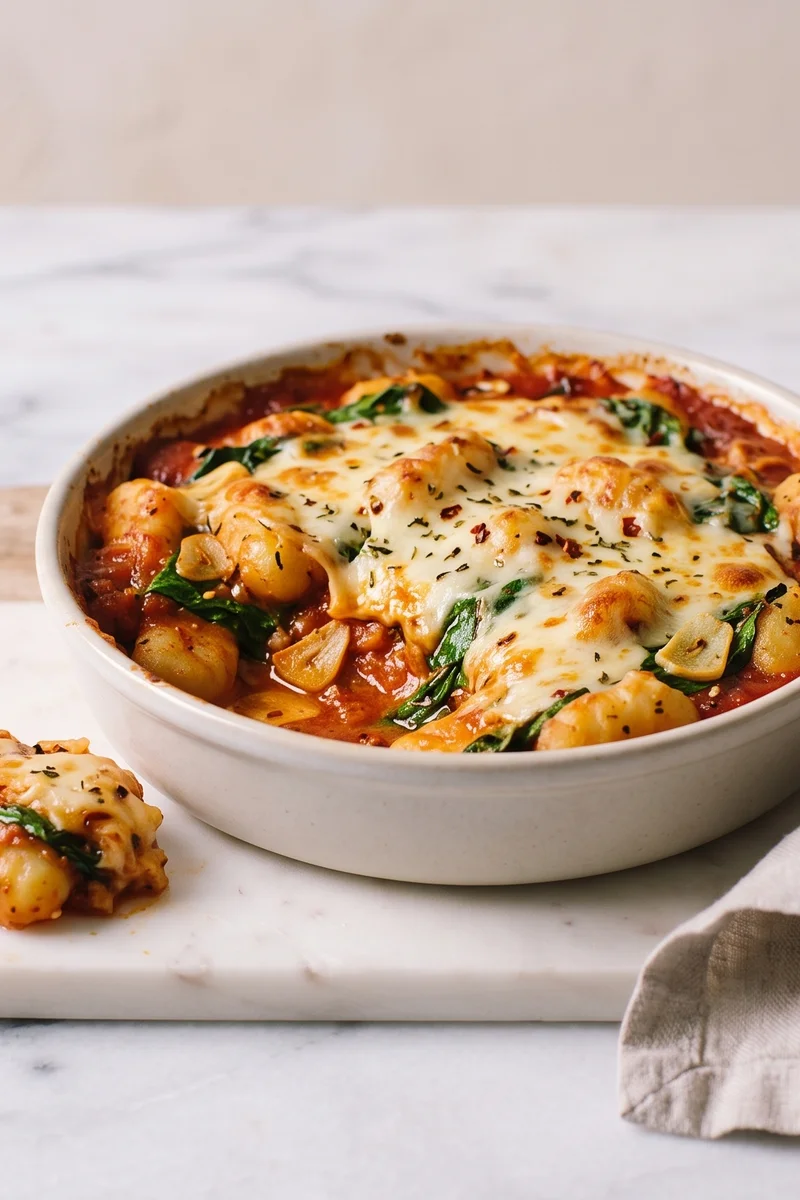 Gnocchi with Spinach, Tomato & Mozzarella Bake - Pillowy gnocchi baked in garlicky tomato sauce with spinach and molten mozzarella