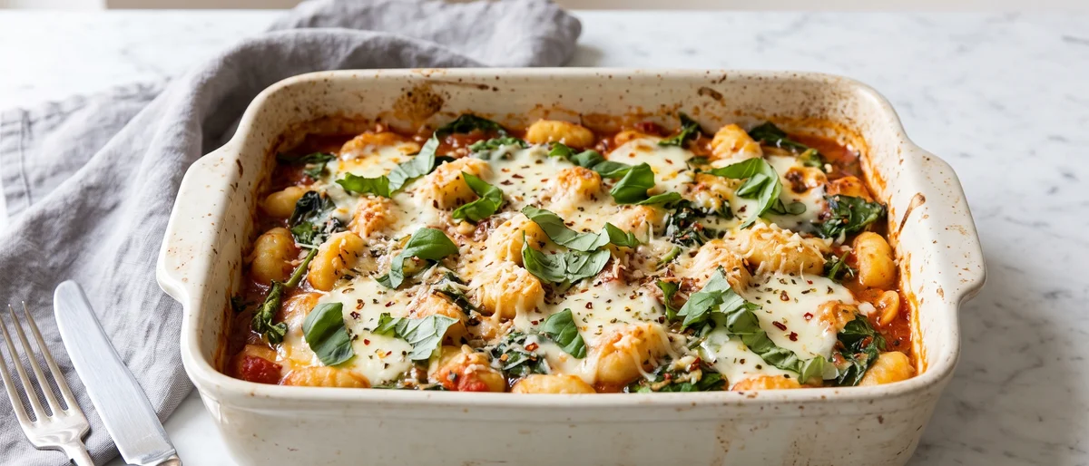 Gnocchi with Spinach, Tomato & Mozzarella Bake - Pillowy gnocchi baked in garlicky tomato sauce with spinach and molten mozzarella