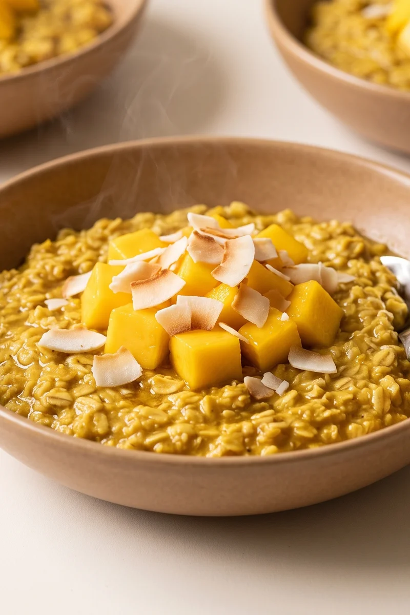 Golden Turmeric Oatmeal with Mango - Golden-milk-spiced oatmeal crowned with mango and toasted coconut