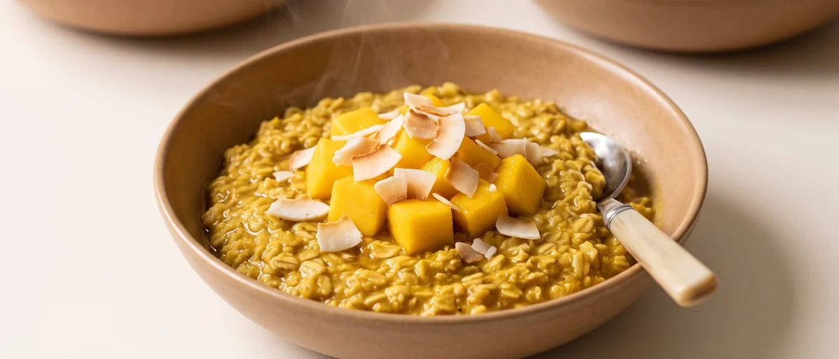 Golden Turmeric Oatmeal with Mango - Golden-milk-spiced oatmeal crowned with mango and toasted coconut
