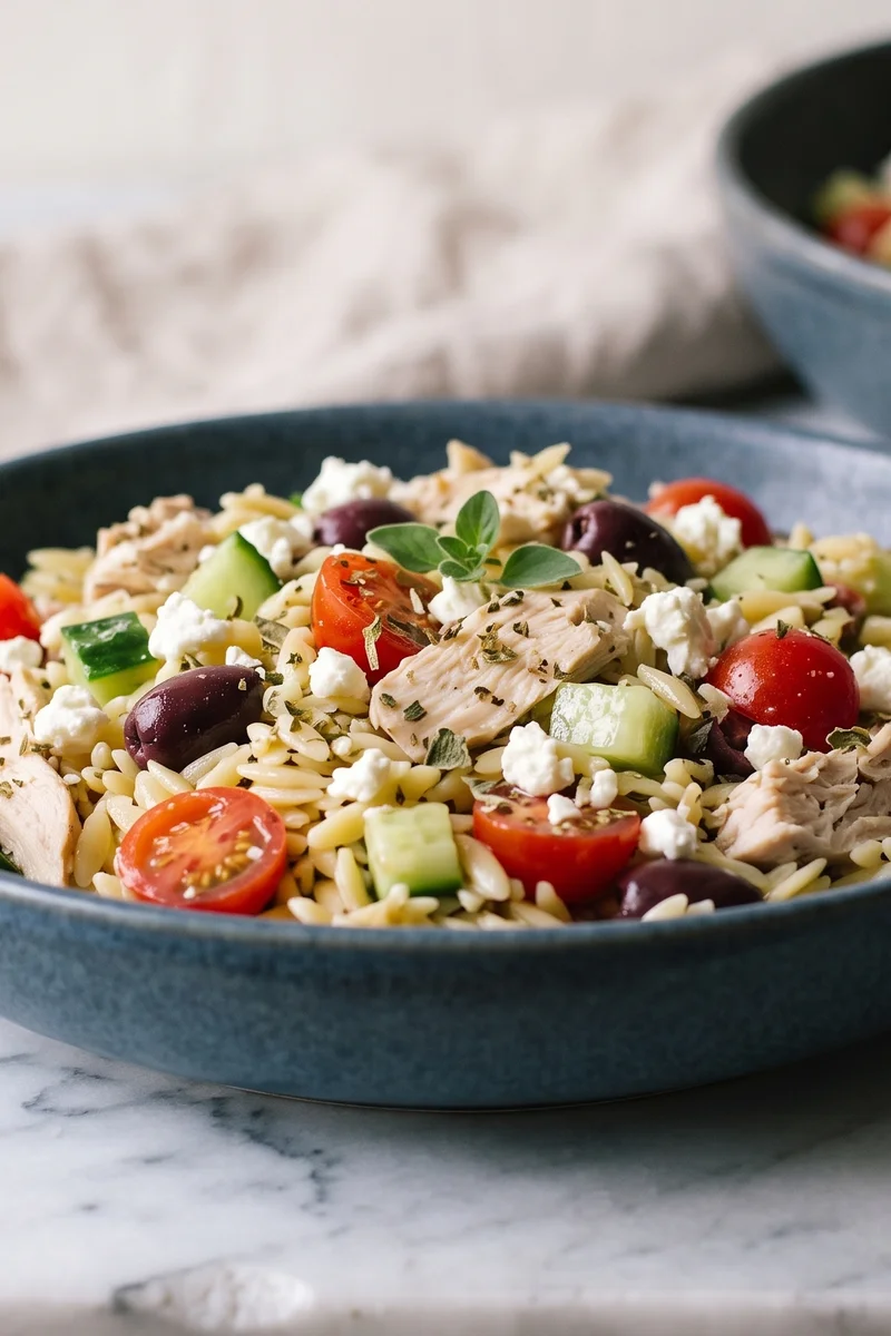 Greek Chicken Orzo Salad Boxes - Lemon-oregano chicken with orzo, cucumber, olives and feta