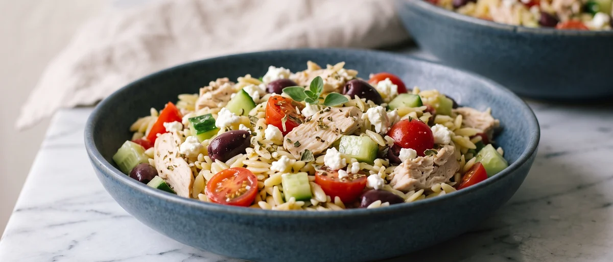 Greek Chicken Orzo Salad Boxes - Lemon-oregano chicken with orzo, cucumber, olives and feta