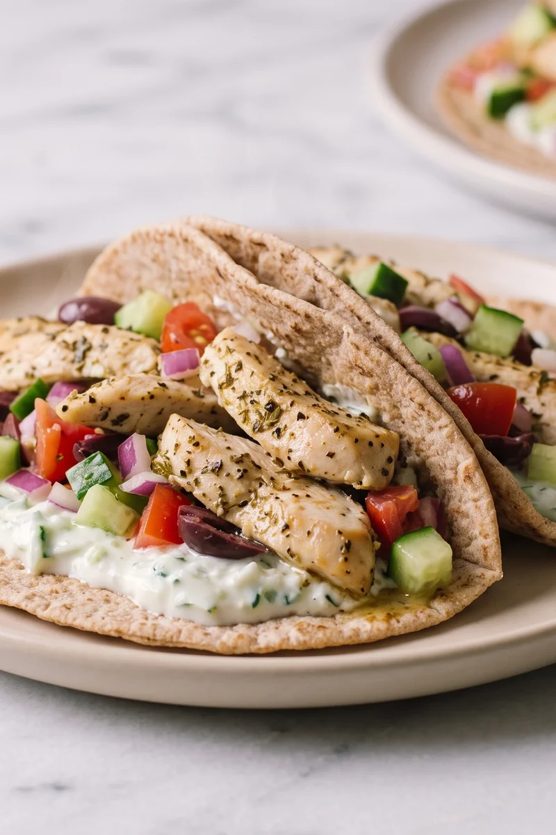 Greek Chicken Pitas with Tzatziki - Oregano-lemon chicken stuffed into warm pitas with homemade tzatziki and crunchy salad
