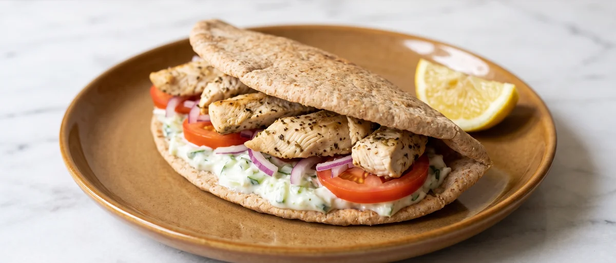 Greek Chicken Pitas with Tzatziki - Oregano-lemon chicken stuffed into warm pitas with homemade tzatziki and crunchy salad