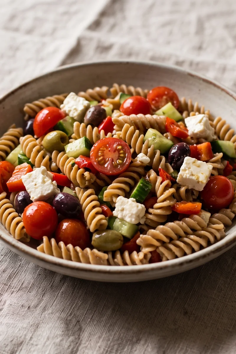 Greek Pasta Salad with Pasteurized Feta - Whole-wheat pasta, crunchy vegetables and plenty of feta