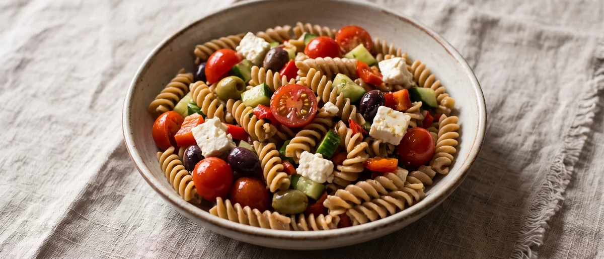 Greek Pasta Salad with Pasteurized Feta - Whole-wheat pasta, crunchy vegetables and plenty of feta