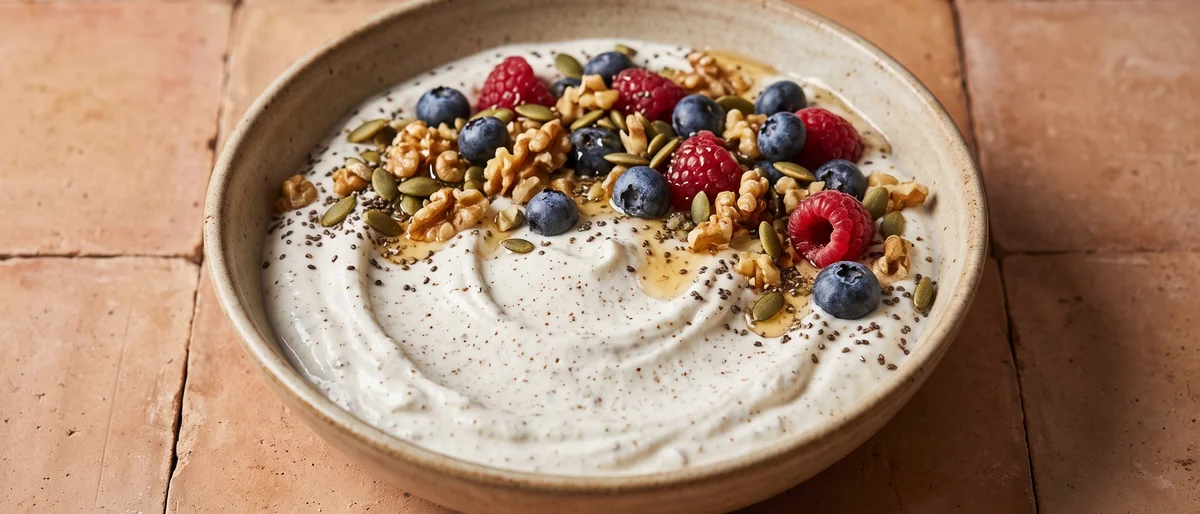 Greek Yogurt Fertility Bowl - Full-fat dairy, walnuts for omega-3s, pumpkin seeds for zinc and berries for antioxidants