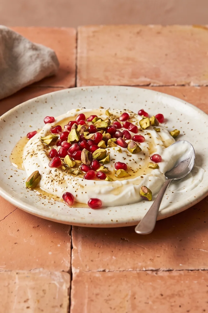 Greek Yogurt with Pomegranate & Pistachios - Thick Greek yogurt under a shower of pomegranate seeds, pistachios and honey