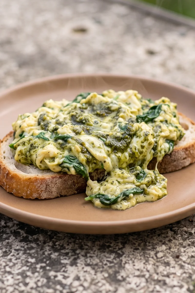 Green Eggs (Pesto Scramble) on Sourdough - Soft pesto-swirled scrambled eggs with spinach on thick sourdough