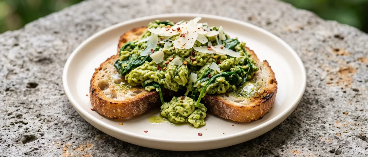 Green Eggs (Pesto Scramble) on Sourdough - Soft pesto-swirled scrambled eggs with spinach on thick sourdough