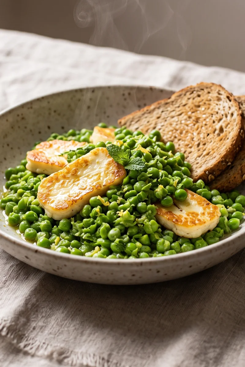 Green Pea & Halloumi Breakfast Bowl - Smashed minted peas with golden seared halloumi and a squeeze of lemon