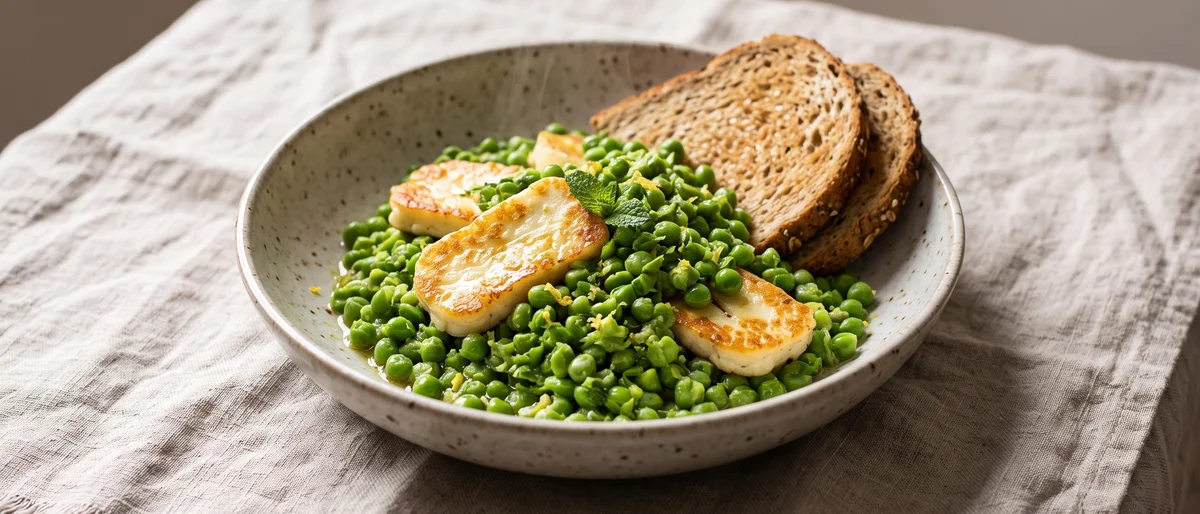 Green Pea & Halloumi Breakfast Bowl - Smashed minted peas with golden seared halloumi and a squeeze of lemon