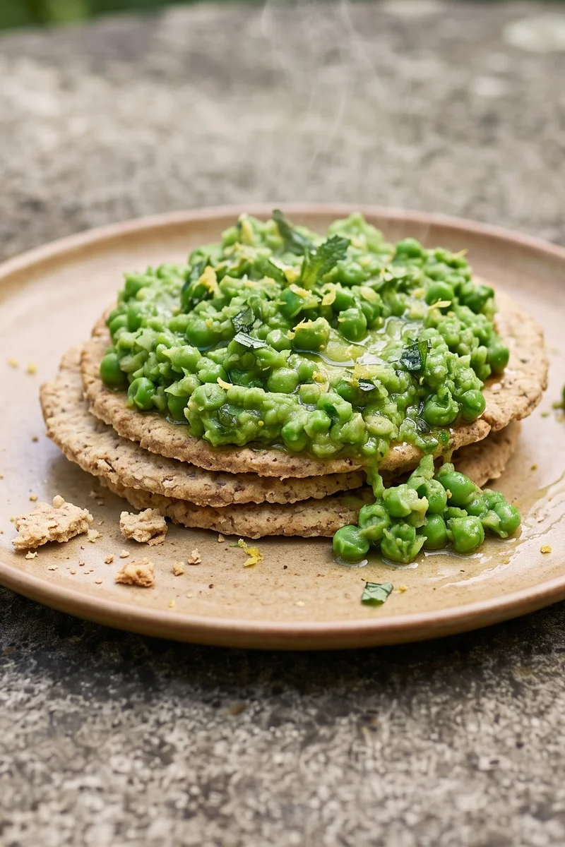 Green Pea & Mint Smash on Oatcakes - A bright pea, mint and lemon smash piled on oatcakes