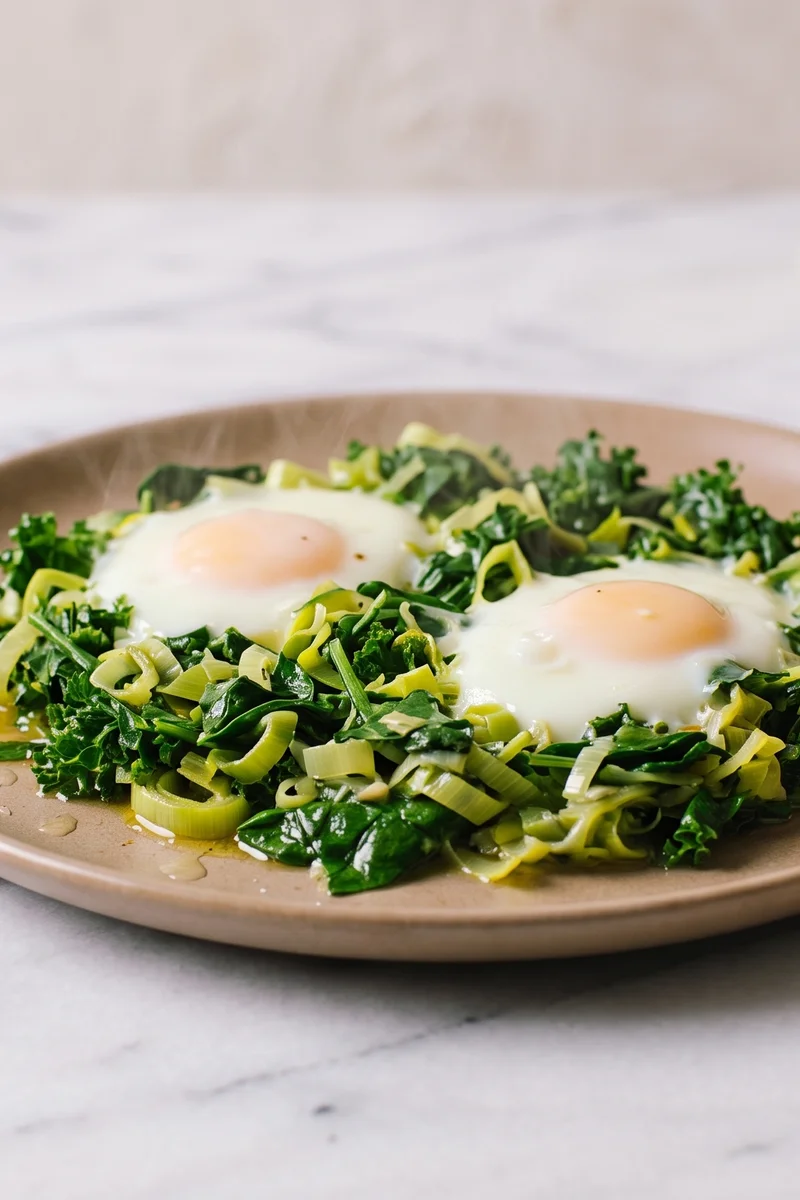Green Shakshuka - Eggs baked in a garlicky bed of spinach and kale