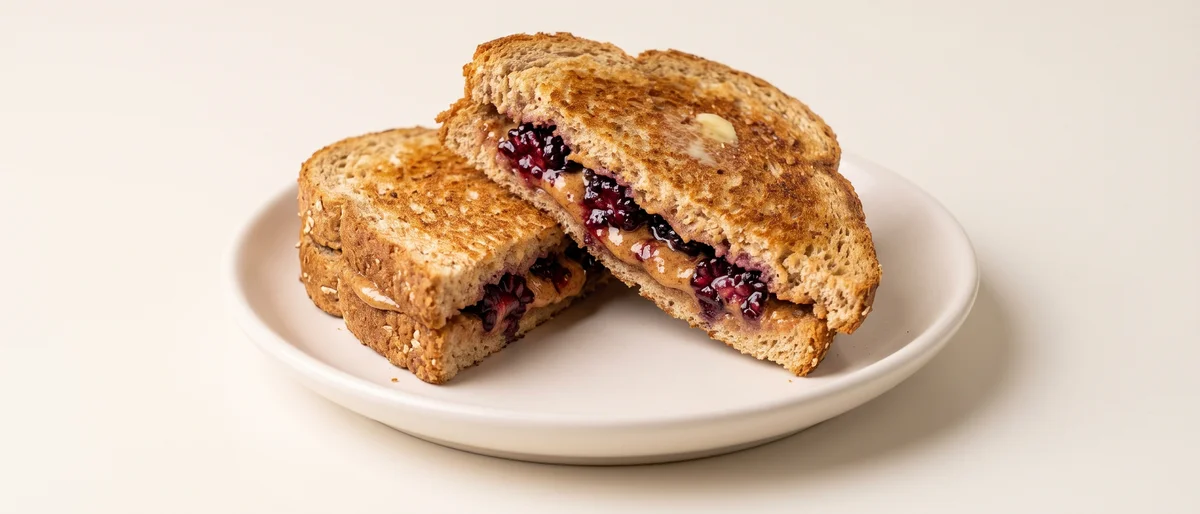 Grilled Blackberry & Almond Butter Sandwich - A golden grilled sandwich of almond butter and smashed blackberries