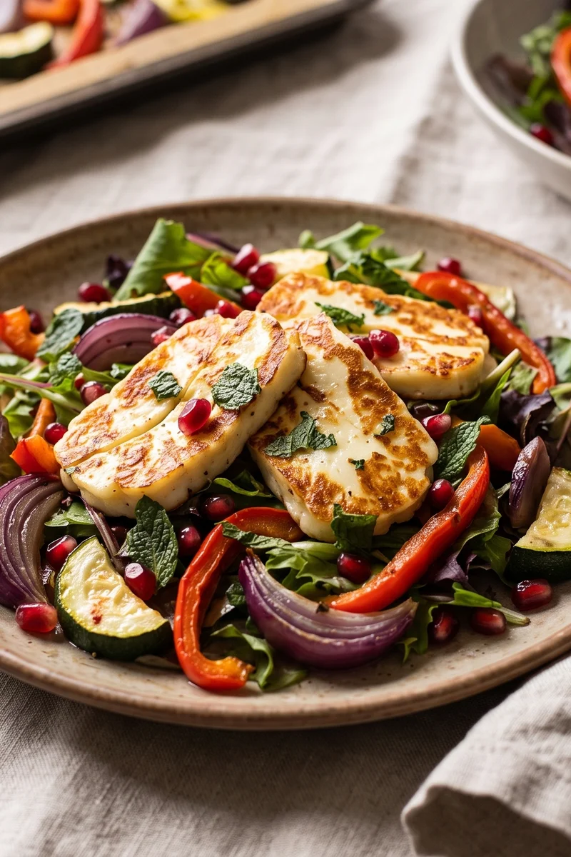 Halloumi & Roasted Vegetable Salad with Pomegranate - Golden halloumi over sweet roasted vegetables with pomegranate and mint