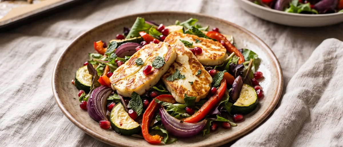 Halloumi & Roasted Vegetable Salad with Pomegranate - Golden halloumi over sweet roasted vegetables with pomegranate and mint