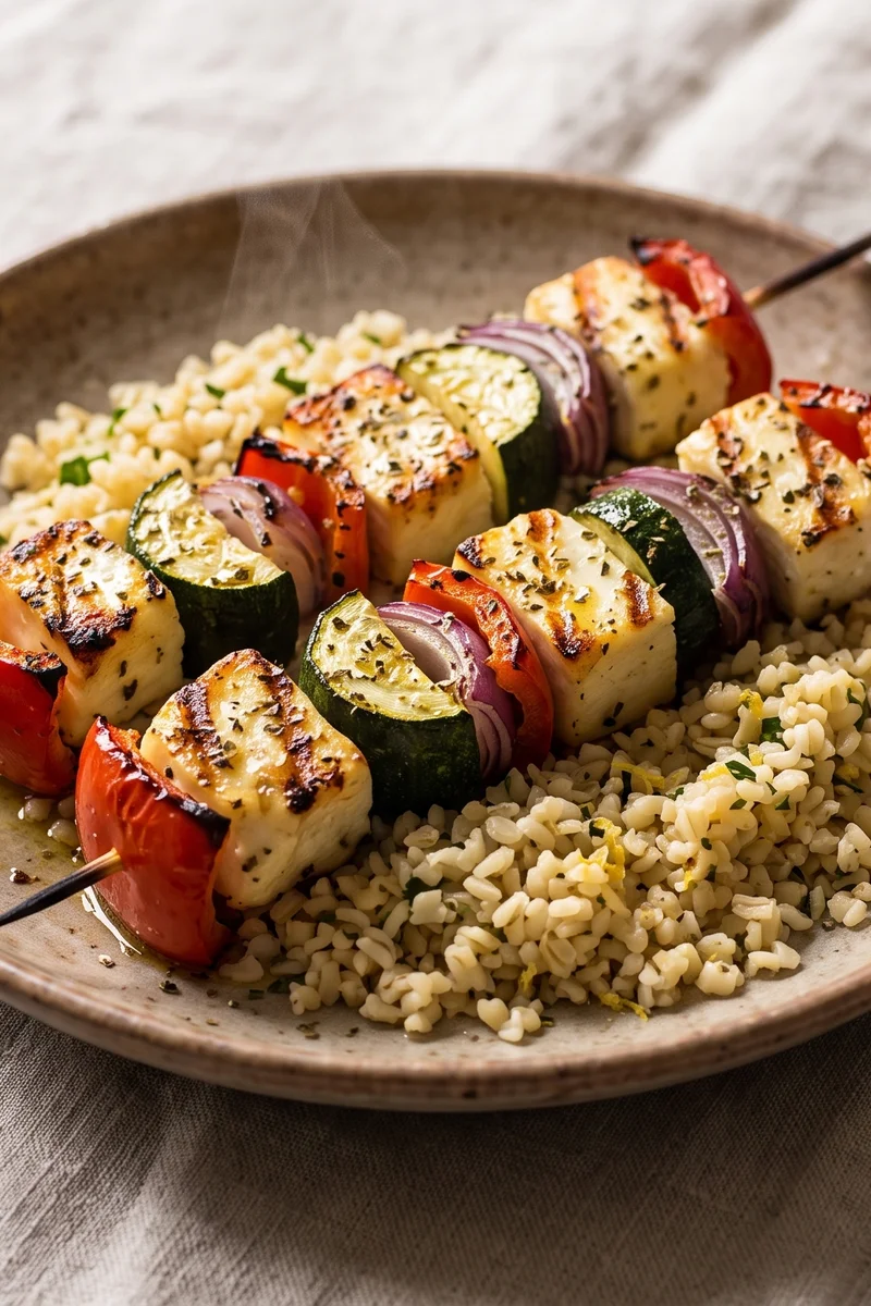 Halloumi & Vegetable Skewers with Lemon Bulgur - Charred skewers of halloumi, peppers and zucchini over herbed lemon bulgur