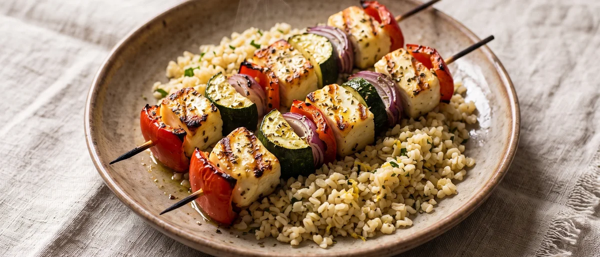 Halloumi & Vegetable Skewers with Lemon Bulgur - Charred skewers of halloumi, peppers and zucchini over herbed lemon bulgur