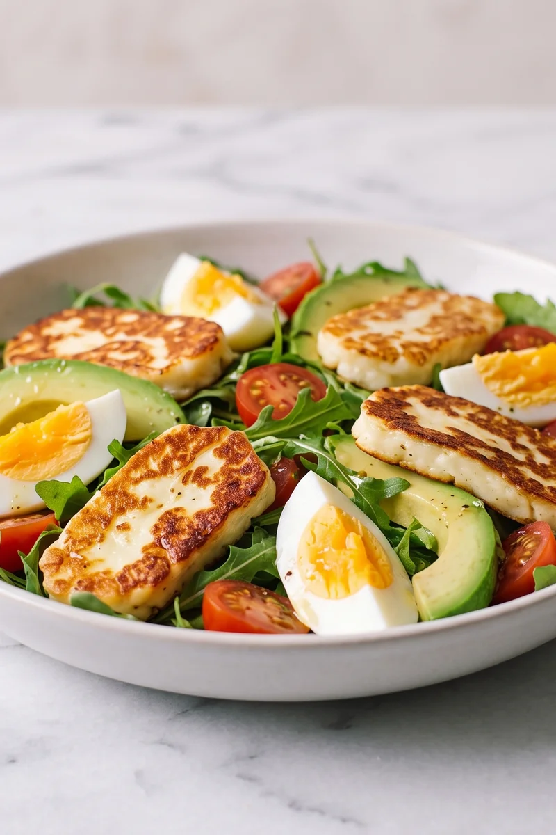 Halloumi, Egg & Avocado Breakfast Salad - Golden halloumi and boiled eggs over avocado, tomatoes and arugula