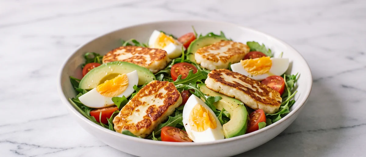 Halloumi, Egg & Avocado Breakfast Salad - Golden halloumi and boiled eggs over avocado, tomatoes and arugula