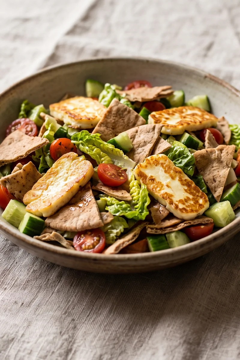 Halloumi Fattoush-Style Chopped Salad - A crunchy Levantine chopped salad with crisp pita shards and golden halloumi