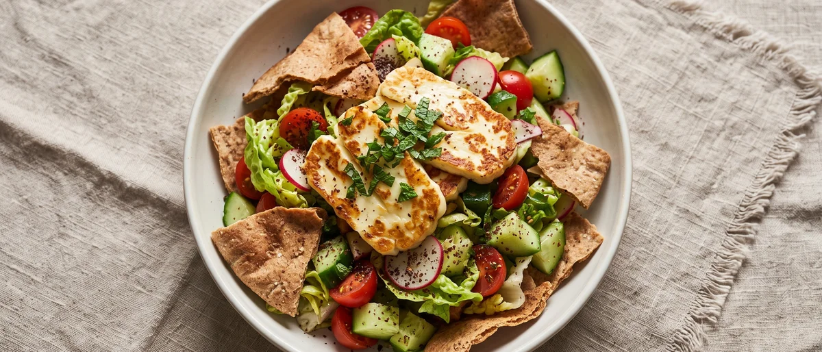Halloumi Fattoush-Style Chopped Salad - A crunchy Levantine chopped salad with crisp pita shards and golden halloumi