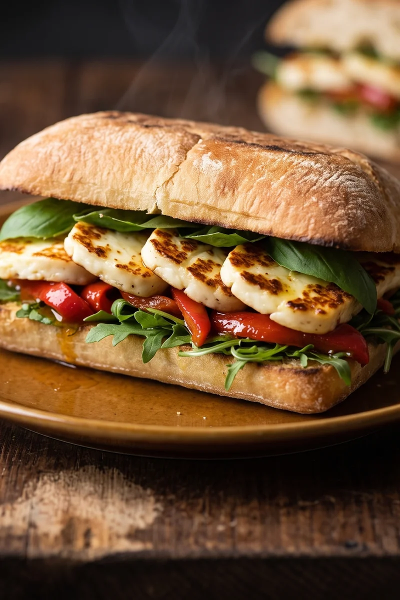 Halloumi, Roast Pepper & Arugula Ciabatta - Seared halloumi and sweet roasted peppers pressed into crusty ciabatta with arugula and basil