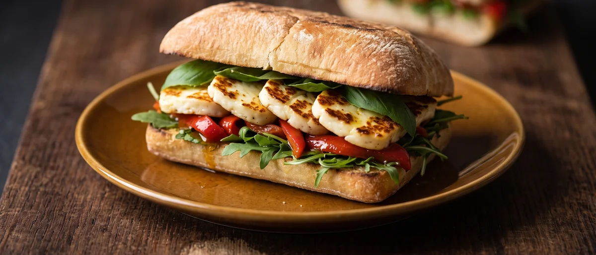 Halloumi, Roast Pepper & Arugula Ciabatta - Seared halloumi and sweet roasted peppers pressed into crusty ciabatta with arugula and basil